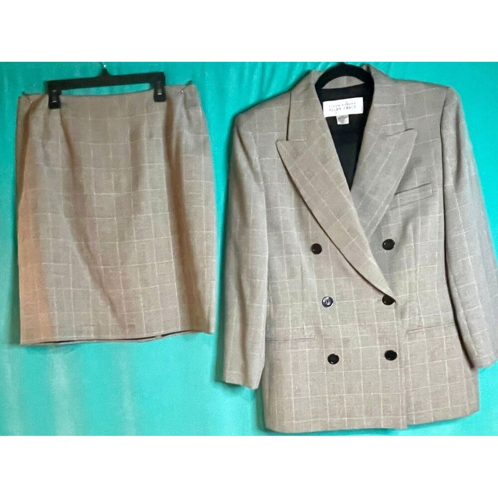 Ellen Tracy Linda Allard Wool Blend Skirt Suit Gray Glen Plaid Size 12 Business